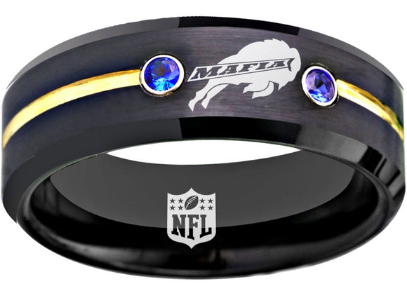 Buffalo Bills Ring Bills Mafia Logo Ring 8mm Black & Blue CZ Ring Tungsten NFL Ring #bills