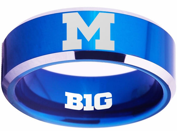 Michigan Wolverines Ring Blue Silver Logo Ring Wedding Ring #michigan #wolverines