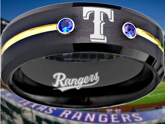 Texas Rangers Ring Black Gold Blue CZ Wedding Band Style | Sizes 6-13 #texasrangers #mlb