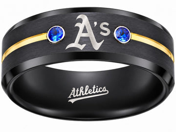 Oakland A's Ring | Black Gold & Blue CZ | Customizable