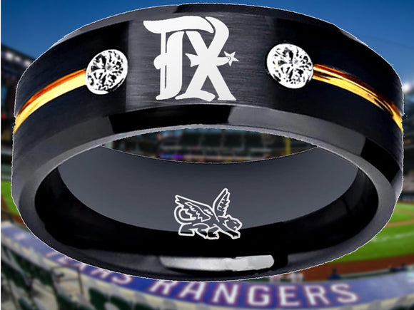 Texas Rangers Ring City Connect Black and  Gold CZ Wedding Band Style | Sizes 6-13 #texasrangers #mlb