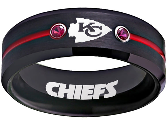 Kansas City Chiefs Ring Black and Red Logo Ring CZ Stones Tungsten Ring #chiefs