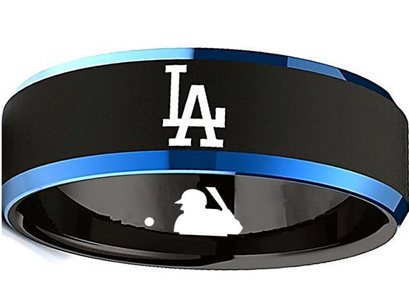 LA Dodgers Ring Wedding Band 8mm Black and Blue Tungsten Wedding Ring #Dodgers