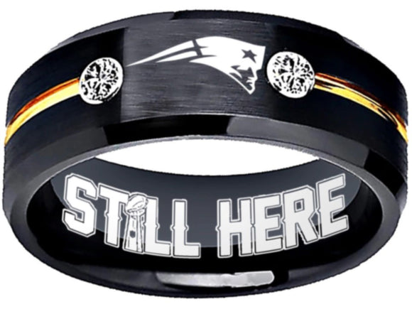 New England Patriots Ring Black & Gold CZ Patriots Logo We're Still Here #patriots