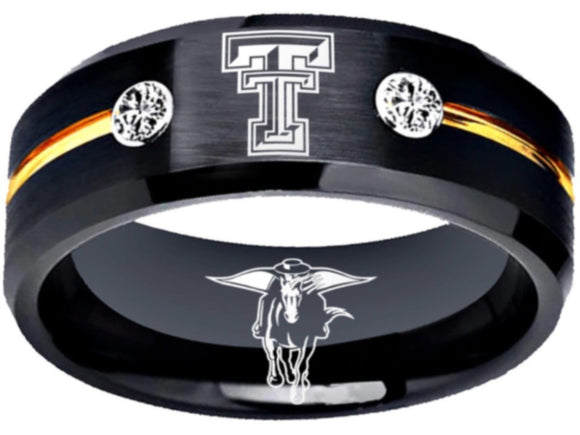 Texas Tech Red Raiders Logo Ring Black and Gold CZ Stones Band #texastech #redraiders