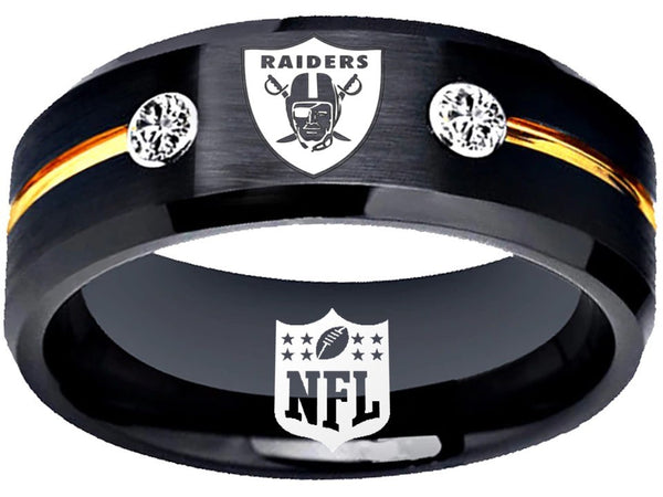 Oakland Raiders Ring Black and Gold Logo Ring with CZ Stones