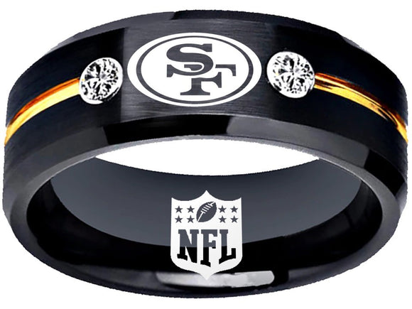 San Francisco 49ers Ring Black & Gold Logo Ring with CZ Stones #49ers