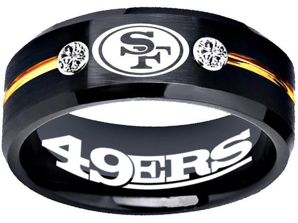 San Francisco 49ers Ring Black and Gold Logo Ring with CZ Stones #49ers