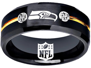 Seattle Seahawks Ring Black and Gold Logo Ring with CZ Stones #seahawks