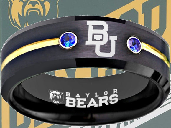Baylor Bears Ring Black, Gold & Blue CZ Wedding Band | Sizes 6-13 #bu #baylor #bears