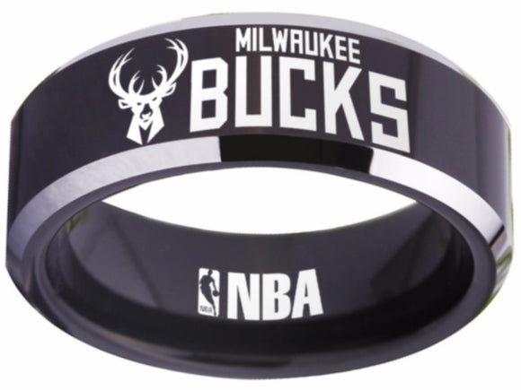 Milwaukee Bucks Logo Ring NBA Ring 8mm Black Silver Wedding Ring #nba #bucks