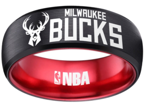 Milwaukee Bucks Logo Ring NBA Ring 8mm Black Red Wedding Ring #nba #bucks