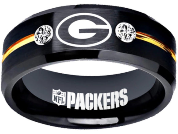 Green Bay Packers Logo Ring Black and Gold CZ Custom Ring | Sizes 6-13