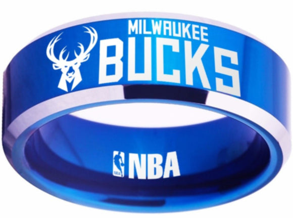 Milwaukee Bucks Logo Ring NBA Ring 8mm Blue Silver Wedding Ring #nba #bucks