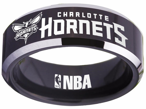 Charlotte Hornets Logo Ring Buzz City NBA Ring 8mm Black and Silver Ring #nba #hornets