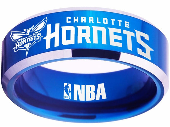 Charlotte Hornets Logo Ring Buzz City NBA Ring 8mm Blue and Silver Ring #nba #hornets