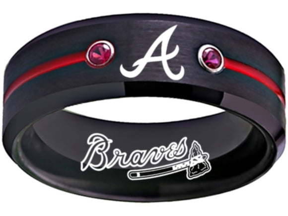 Atlanta Braves Ring Braves Logo Ring Black and Red CZ Stone Wedding Band #atlanta #braves