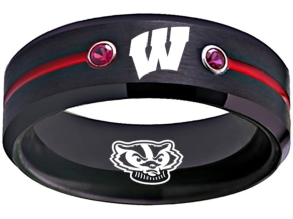 Wisconsin Badgers Ring Black and Red Ring 8mm CZ Stone Tungsten #big10 #badgers #ncaa