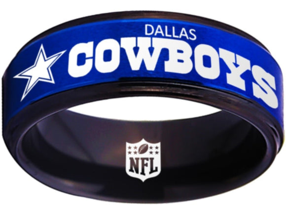 Dallas Cowboys Ring Blue and Black Ring 8mm Tungsten Step Wedding Ring #cowboys