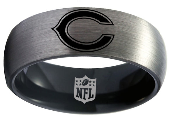 Chicago Bears Ring Silver & Black 8mm Tungsten Ring Sizes 6 - 13