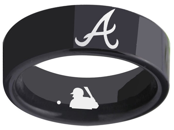 Atlanta Braves Ring MLB 8mm Black Tungsten Ring Sizes 6 - 13