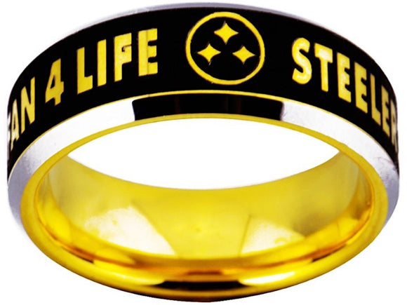 Pittsburgh Steelers Ring Black and Yellow Gold Tungsten Ring NFL Sizes 6 - 14 #PittsburghSteelers