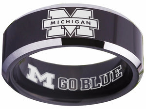 Michigan Wolverines Ring Black Silver Logo Ring Wedding Band #michigan