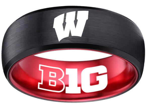 Wisconsin Badgers Ring Badgers Logo Ring Black and Red Wedding Band #badgers