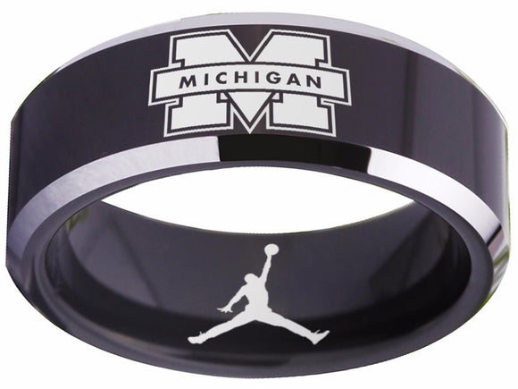 Michigan Wolverines Ring Black Silver Logo Ring Wedding Band #michigan