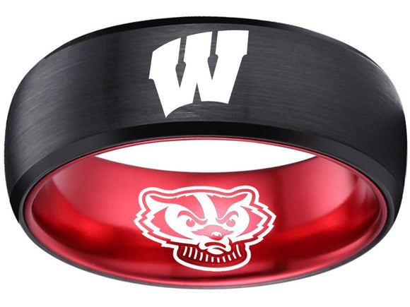 Wisconsin Badgers Ring Badgers Logo Ring Black and Red Wedding Band #badgers