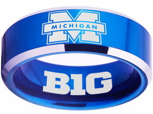 Michigan Wolverines Ring Blue Silver Logo Ring Wedding Band #michigan