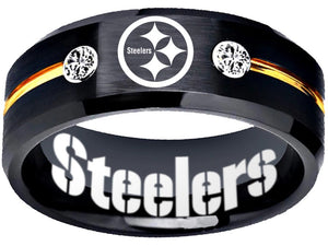 Pittsburgh Steelers Ring Black and Gold Logo Ring 8mm Tungsten Ring CZ stones #steelers