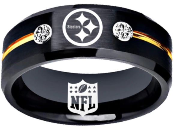 Pittsburgh Steelers Ring Black and Gold Ring 8mm Tungsten Ring CZ stones #steelers