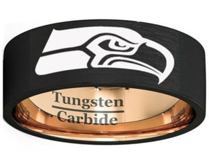Seattle Seahawks Ring 8mm Black & Rose Gold Tungsten Ring #Seahawks