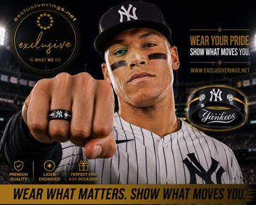 Yankees slugger Aaron Judge wearing a Yankees ring exclusively designed and sold by ExclusiveRings.net.