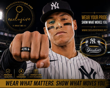 Yankees slugger Aaron Judge wearing a Yankees ring exclusively designed and sold by ExclusiveRings.net.