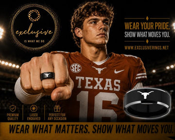  A promotional photo of Texas Longhorns quarterback, Arch Manning, wearing a black and silver ring with the Longhorns logo.  The ring is exclusively designed and sold by exclusiverings.net.