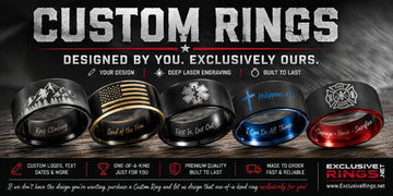 Promotional photo of showcasing some of the ring styles that ExclusiveRings.net can customize with your logo, name, date, or message laser engraved on the outside and inside of the ring.