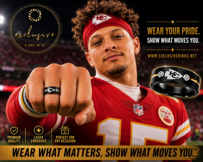 Promotional photo of Chiefs quarterback Patrick Mahomes wearing a ring designed and sold exclusively by www.exclusiverings.net.