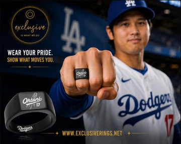 Dodgers, Shohei Ohtani wearing a Dodgers Ohtani ring exclusively designed and sold by Exclusiverings.net