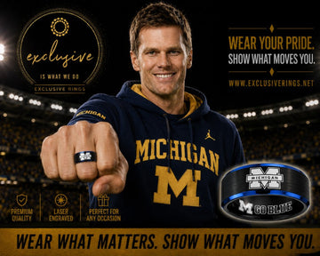 Promotional photo of Tom Brady wearing a black and blue ring showcasing the Michigan Wolverines logo on the outside of a ring with Go Blue on the inside.  This ring is exclusively designed and sold at ExclusiveRings.net.